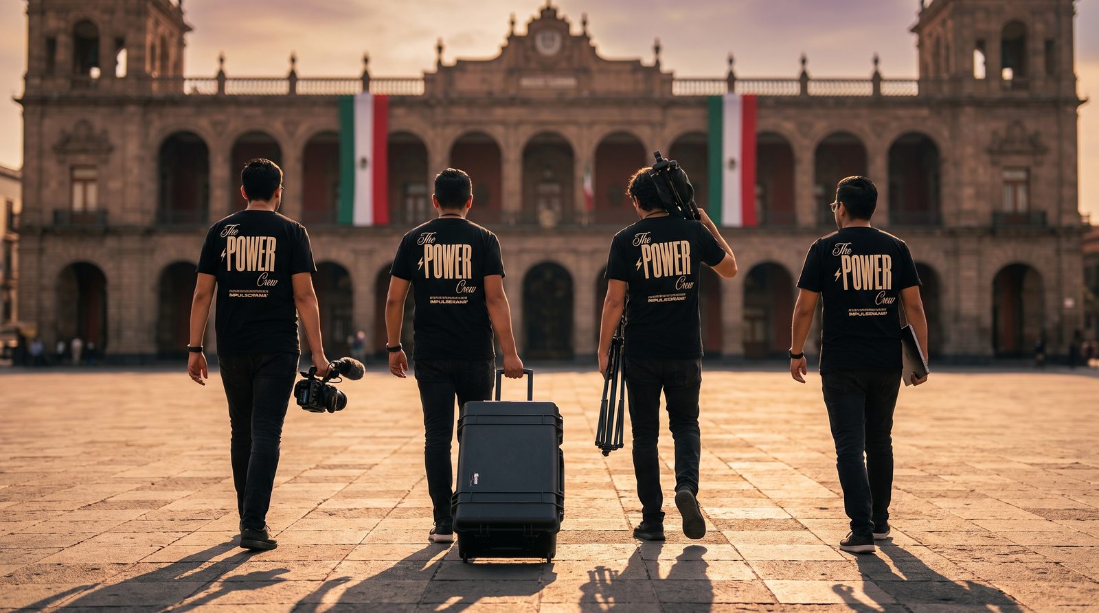 El crew de Impulsorama de espaldas caminando hacia un palacio de gobierno