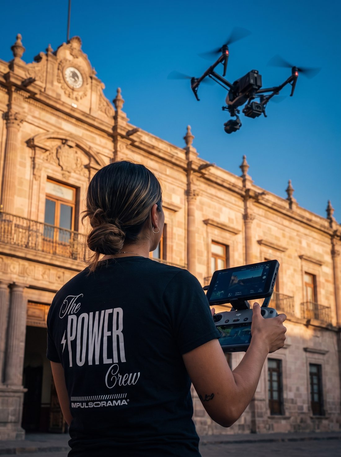 Piloto de dron del crew frente a un palacio de gobierno